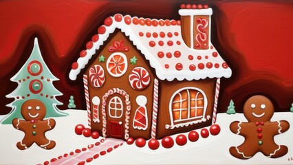 A festive gingerbread house scene surrounded by candy and snow, perfect for holiday themes and seasonal decorations