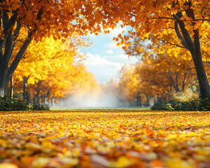 Golden autumn leaves cover path through vibrant fall trees.