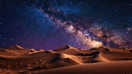 High-end photography of a dramatic desert landscape with rolling sand dunes under a star-filled night sky