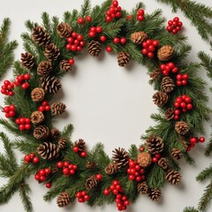 A beautiful Christmas wreath adorned with red berries, pine cones, and a red ribbon bow, perfect for holiday-themed designs and backgrounds.
