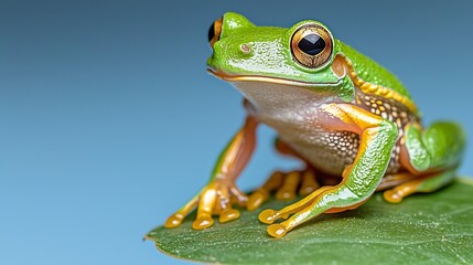 Obraz premium A close up photo of a European tree frog, with vibrant green skin and golden stripes, perched on a leaf against a solid blue background.