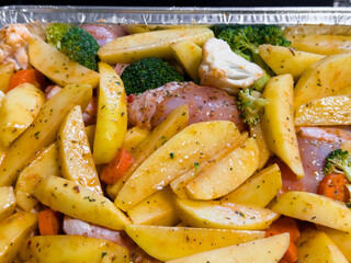 Oven baked chicken with seasoned potatoes, broccoli, and carrots in a roasting pan