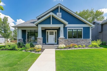 Modern suburban home exterior white craftsman front door stone accent pillars
