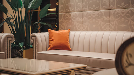 Elegant white couch with an orange cushion, accented by indoor plants and a coffee table in a modern setting.