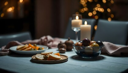 Festive New Year’s Table Setting with Dessert and Soft Lighting