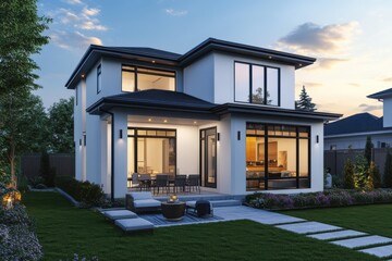 Modern suburban house white and gray exterior large windows sleek design