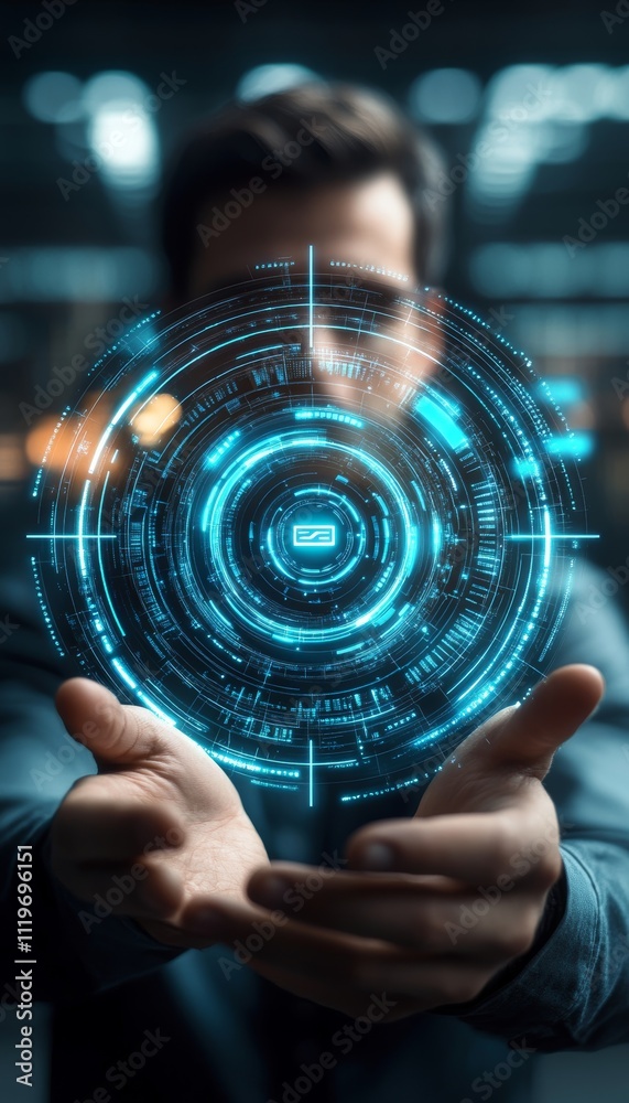 Poster businessman accessing secure data network with futuristic fingerprint scan technology