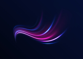 Vector glowing lines air flow effect. Light trail wave, fire path trace line, car lights, optic fiber and incandescence curve twirl. Big data traffic visualization, dynamic high speed, png, effect. 