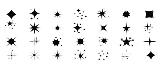 Twinkling star icon, vector set. Retro futuristic sparkle icons set. Set of sparkle icon, vector, stars and bursts icons. Abstract black sparkles. Y2K Shine, cleaning icon set. Vector illustration.