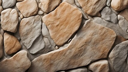 Fototapeta premium Close-up of a textured stone wall with beige and gray stones of varying shapes and sizes.