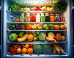 A fridge with an abundance of heathly food, fruit and vegetables on the shelves and some jars