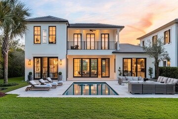 Modern two story house coastal style white exterior large glass doors open concept