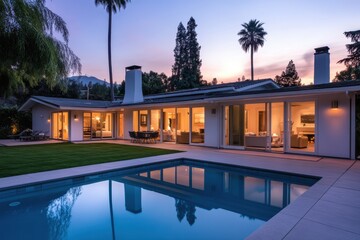 Fototapeta premium Modern two story house coastal style white exterior large glass doors open concept