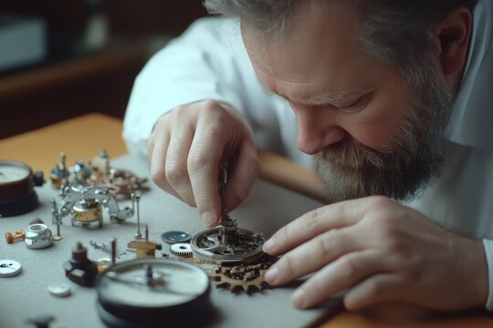 Focused watchmaker carefully assembling intricate timepiece components, embodying precision and craftsmanship.