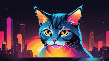 A cat with bright orange eyes sits against a vibrant city skyline in the background.