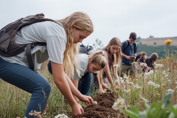 Fototapeta premium A group of young people plant seeds in a field, illustrating teamwork and environmental care under an overcast sky.