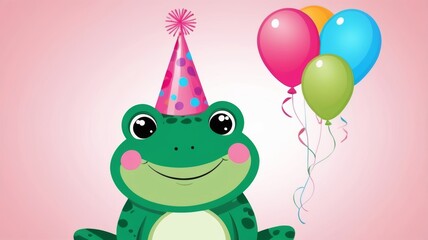 Fototapeta premium Happy birthday frog holding colorful balloons in a cheerful vector illustration, celebrating with joy and festivity.