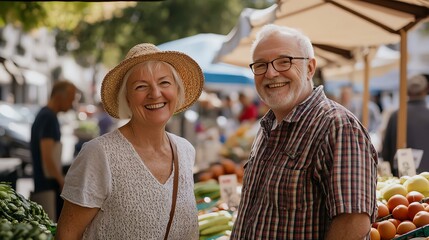 A senior couple happily shopping at an outdoor market.