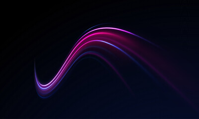 Magic bright shine glow of energy lines, shiny swirl power waves flow, electric trail glowing in dark backgrou. Abstract neon light motorway background.Light arc in neon colors, in the form of a turn.