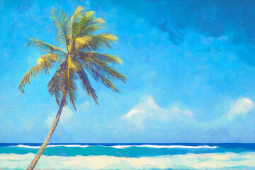Obraz premium Stylized illustration of a palm tree swaying in the breeze on a tropical beach with blue skies and turquoise water