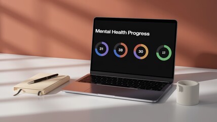 Computer with business phrases on screen, office in background.