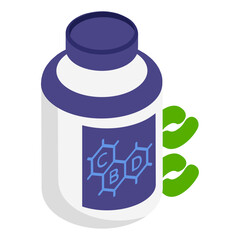 Hemp Capsule for Discreet and long lasting Effects isometric concept,  smokeless pill or softgel vector design, Cannabis and marijuana symbol, thca and cbda sign, recreational herbal drug illustration