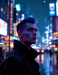 Fototapeta premium Urban nightlife portrait with futuristic hairstyles and neon glamour