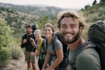 Cheerful hikers enjoy a scenic view of rolling hills, capturing the joy of friendship and a shared love for the outdoors.