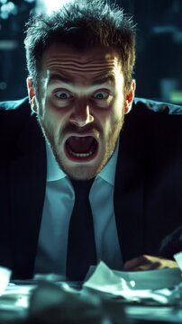 Stressed Businessman in Dark Office Shouting in Frustration Amidst Piles of Documents, Capturing Workplace Anxiety and Burnout. Vertical video made using Generative AI