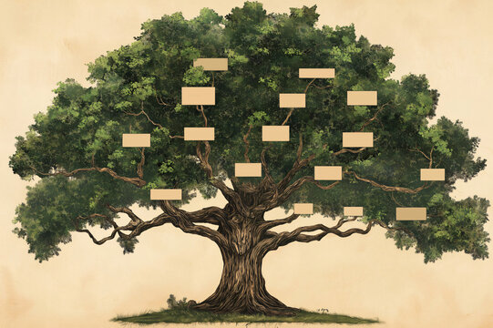 Illustration of a large oak tree with labels on each branch representing a family member and showing genealogical information