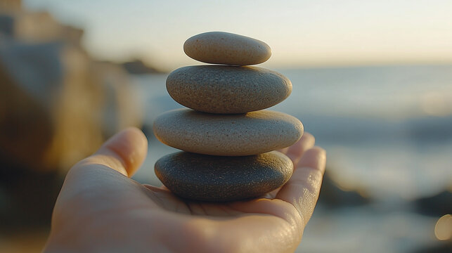 A hand holding stacked pebbles on a beach at sunset, symbolizing balance and tranquility