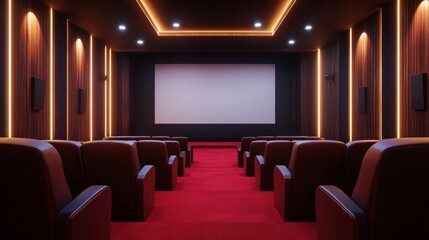 Modern cinema featuring wooden paneling, luxurious red carpet flooring, and a centrally positioned mock-up wall glowing with soft light