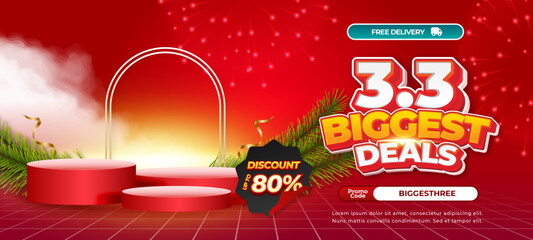 3.3 Big Shopping day Sale discount deals Dynamic Red gradient Editable text effect spectacular Showcase Horizontal banner