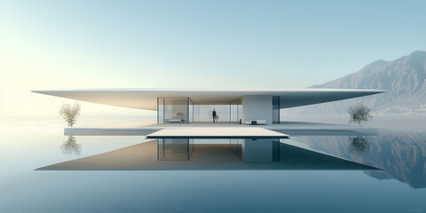 A house with a pool and a tree in front of it. The house is white and has a lot of glass windows....