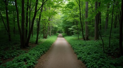 Fototapeta premium Aerial View of a Serene Forest Pathway Surrounded by Lush Greenery
