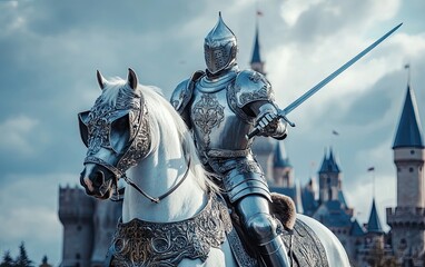 Knight in medieval armor in silver worked with gold bas-reliefs on a white horse. In the background a fairy-tale medieval castle.