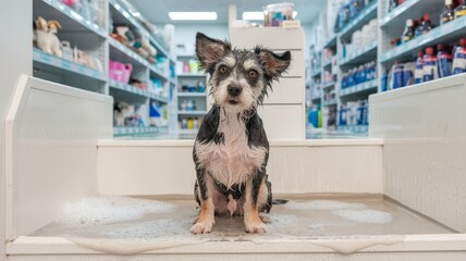 Pet taking a bath in a pet shop.