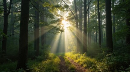 Obraz premium Sunlit Serenity: A Forest bathed in Golden Light