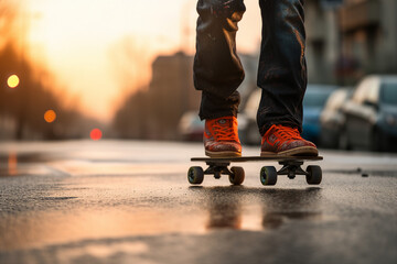 AI generated picture of man riding a skateboard on a city street