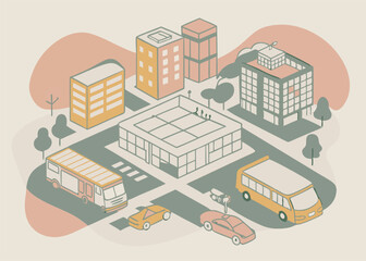 Modern Cityscape Illustration. Buildings and Streets in Isometric View