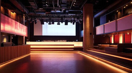 Modern venue with a clean stage design, large white screens, tiered steps, and a high dark ceiling featuring strategically placed lights
