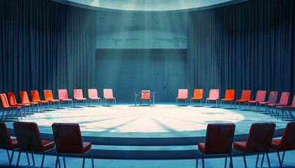 Panel Discussion Set: An empty stage with multiple chairs arranged in a semi-circle, ideal for hosting diverse guests and experts