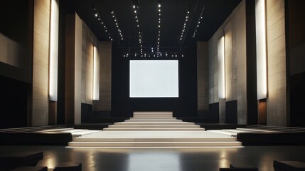 Fototapeta premium Modern venue with a clean stage design, large white screens, tiered steps, and a high dark ceiling featuring strategically placed lights