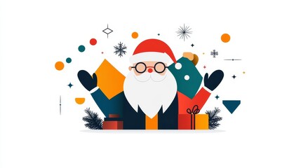 Cheerful Santa Claus with Colorful Gifts and Holiday Decorations in a Festive Illustration Ideal for Christmas Celebrations and Seasonal Promotions