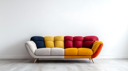 The photo showcases a modern apartment interior with a vibrant, colorful sofa set against a clean, white solid wall, creating a striking contrast in the room.