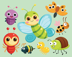 Cute Cartoon Insects. Colorful Bug Characters Illustration