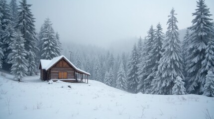 Serene Snowy Landscape with Pine Trees and Cabin