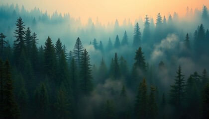 A dreamy vintage aesthetic highlights the misty fir forest landscape