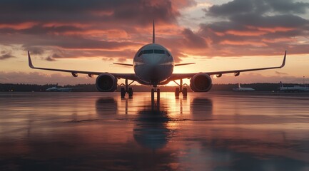 A modern airplane on an airport runway at sunset