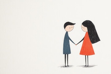 Minimalist hand-drawn illustration of a boy and girl holding hands, symbolizing love and connection on a white background